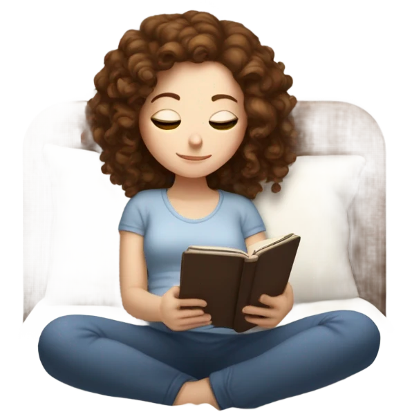 White girl with curly brown hair reading on kindle laying in bed emoji