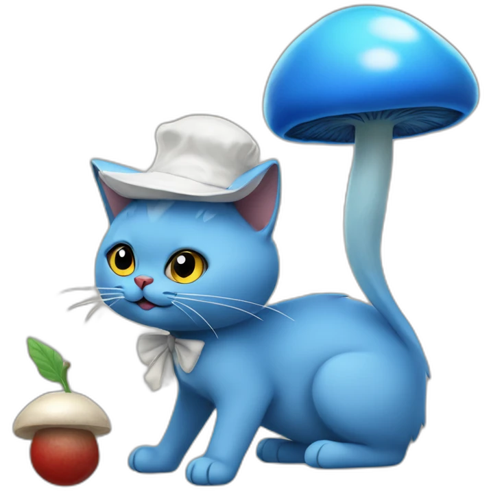 blue cat with white mushroom hat. berries on his back. holding stick with a snail poked into the end of it. emoji
