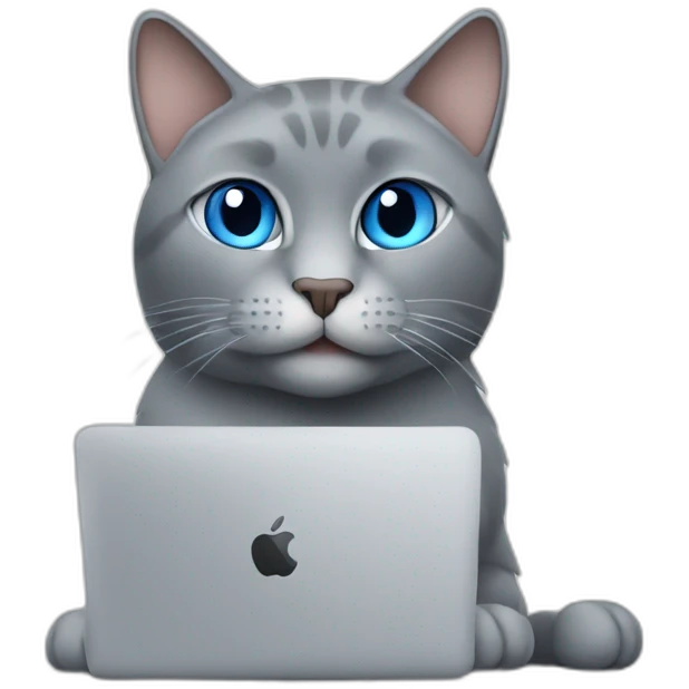 A blue-eyed gray cat with a macbook computer emoji