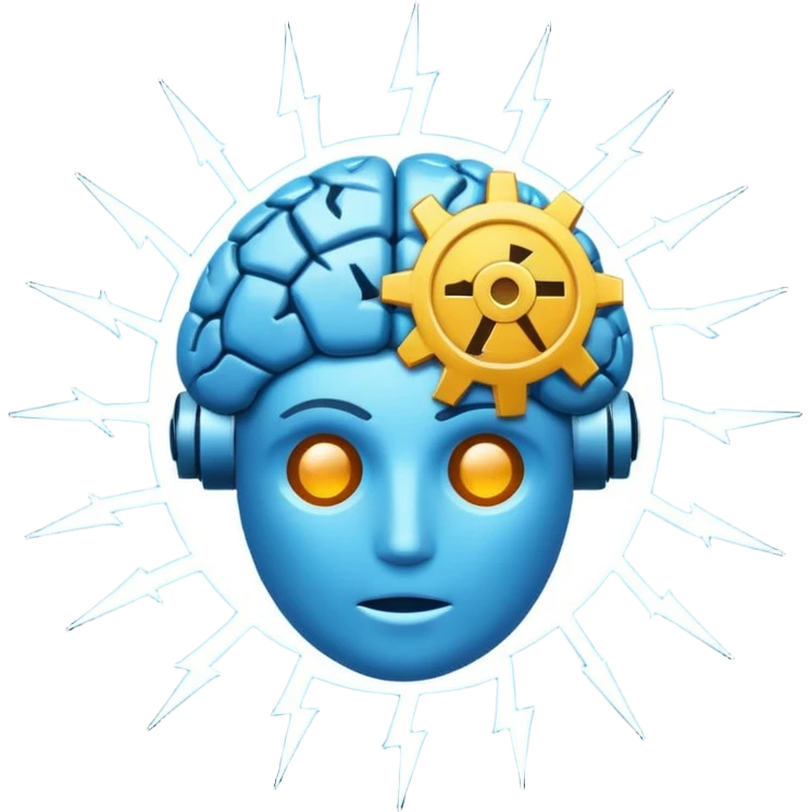 modern minimalistic emoji-style icon with a brain, a gear, and a lightning bolt intertwined, symbolizing fast smart innovative digital meetings about AI and productivity, clean colorful expressive recurring tech session logo emoji