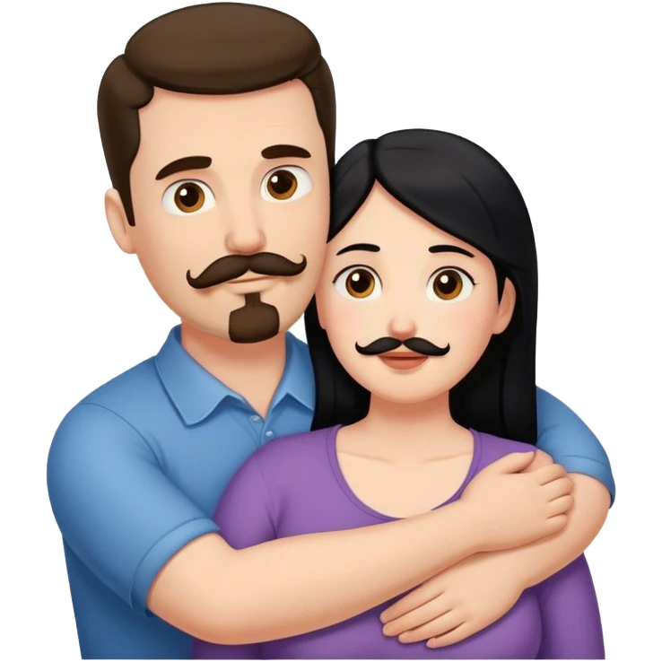 Couple, Tall strong white man with brown mustache goatee hugging a chubby short pale woman with long black hair emoji