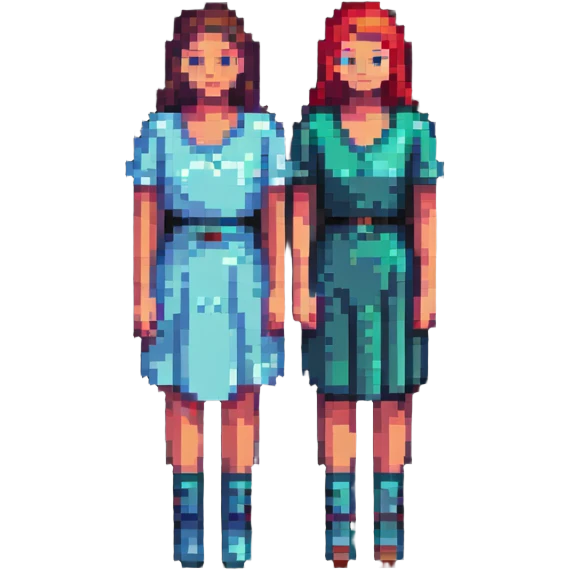 two women standing together, 8-bit style emoji