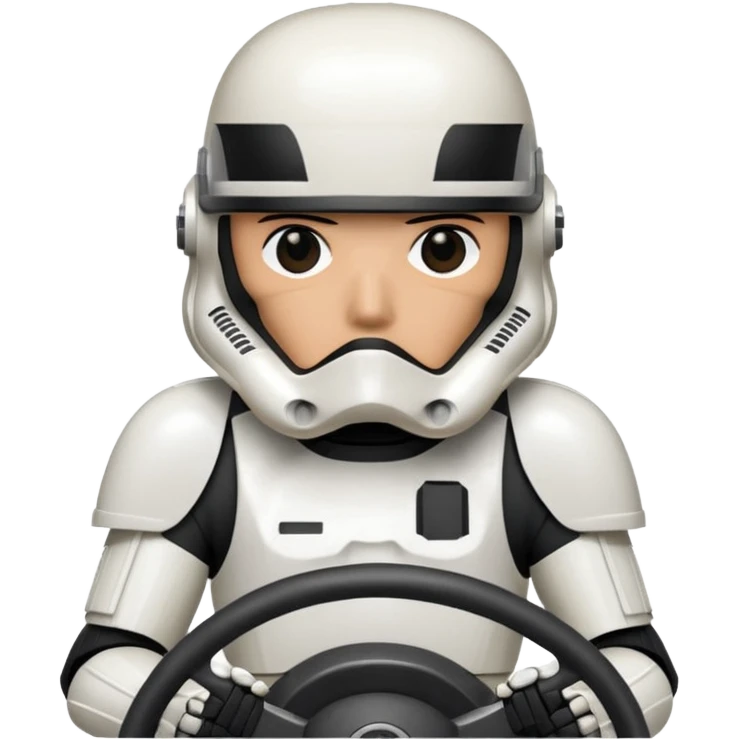 ["Stormtrooper helmet driver, white armor, hands on steering wheel."] emoji
