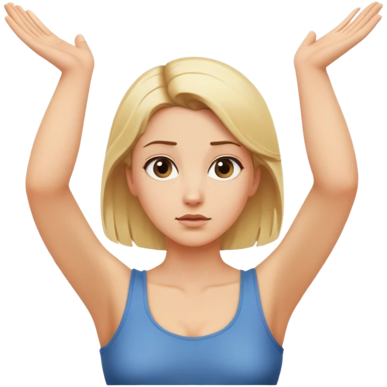 una mujer rubia con el cabello recogido con cara de pregunta, los brazos a los costados y las manos mirando hacia arriba emoji