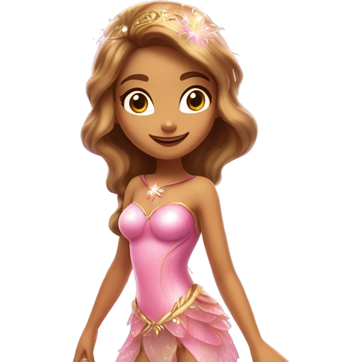 Flora the adult latina fairy of nature in her enchantix fairy pink clothing and fairy enchantix wings and long light brown hair from winx club. Small eyes, Lots of sparkles and fairydust   emoji