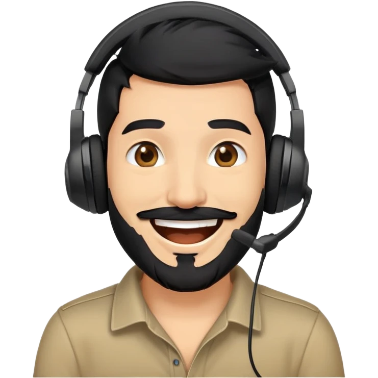 laughing man with black hair, brown eyes, black beard wearing gaming headset emoji