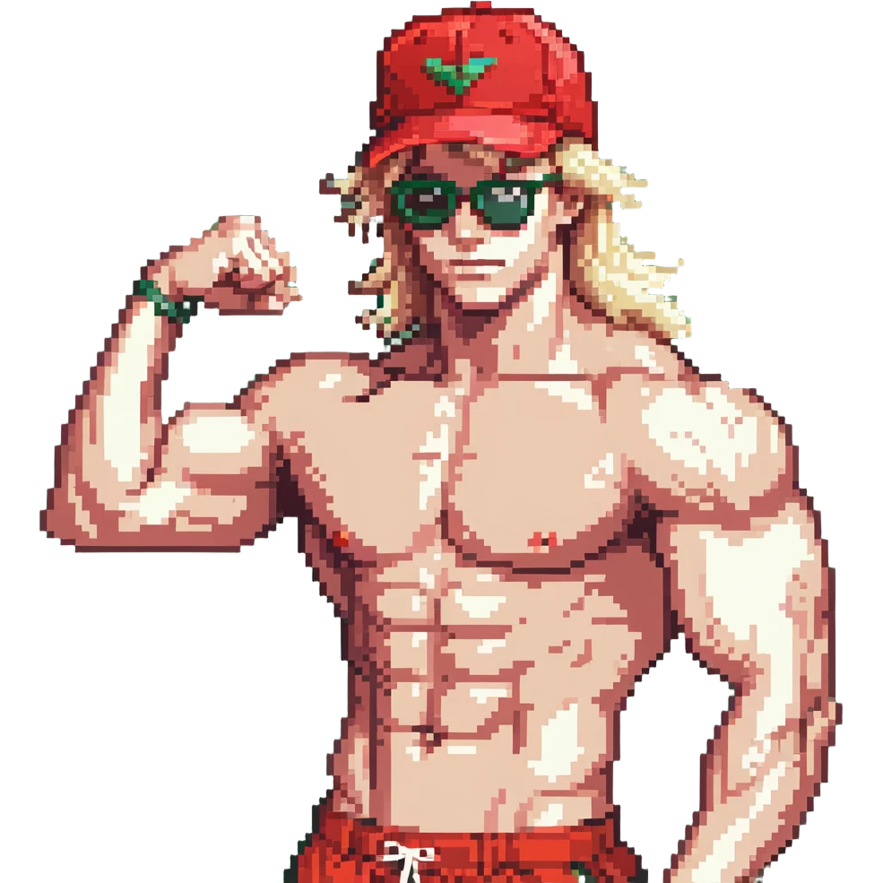 Man with black and white cap, bare torso, red shorts, clear glasses, messy light blond mullet hairstyle, flexing muscles emoji