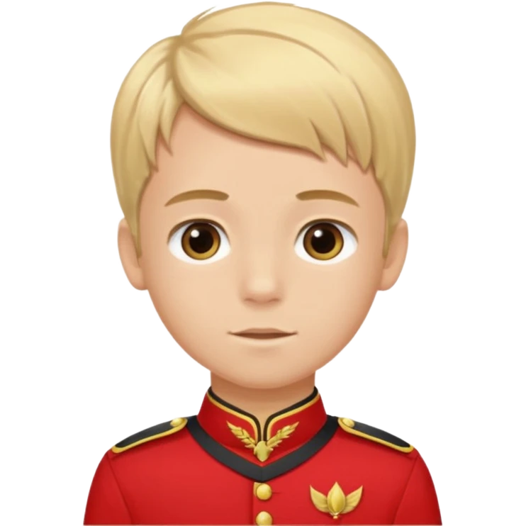 SARI SAÇLI SAÇININ YARISI SOLA DOĞRU DİĞERİNİN SAĞ TARAFTA AMA DÜZ DURAN KAHVERENGİ GÖZLÜ UZUN KİRPİKLİ BUĞDAY RENKLİ KIRMIZI ÜNİFORMALI BİR ERKEK ÇOCUK emoji