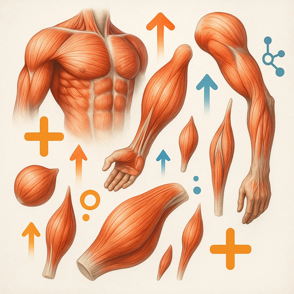 hyper realistic image of various large and small muscles of the human body, each with growth symbols like plus signs, upward arrows, expanding cells, vivid colors, anatomical details, scientific atmosphere, light background emoji