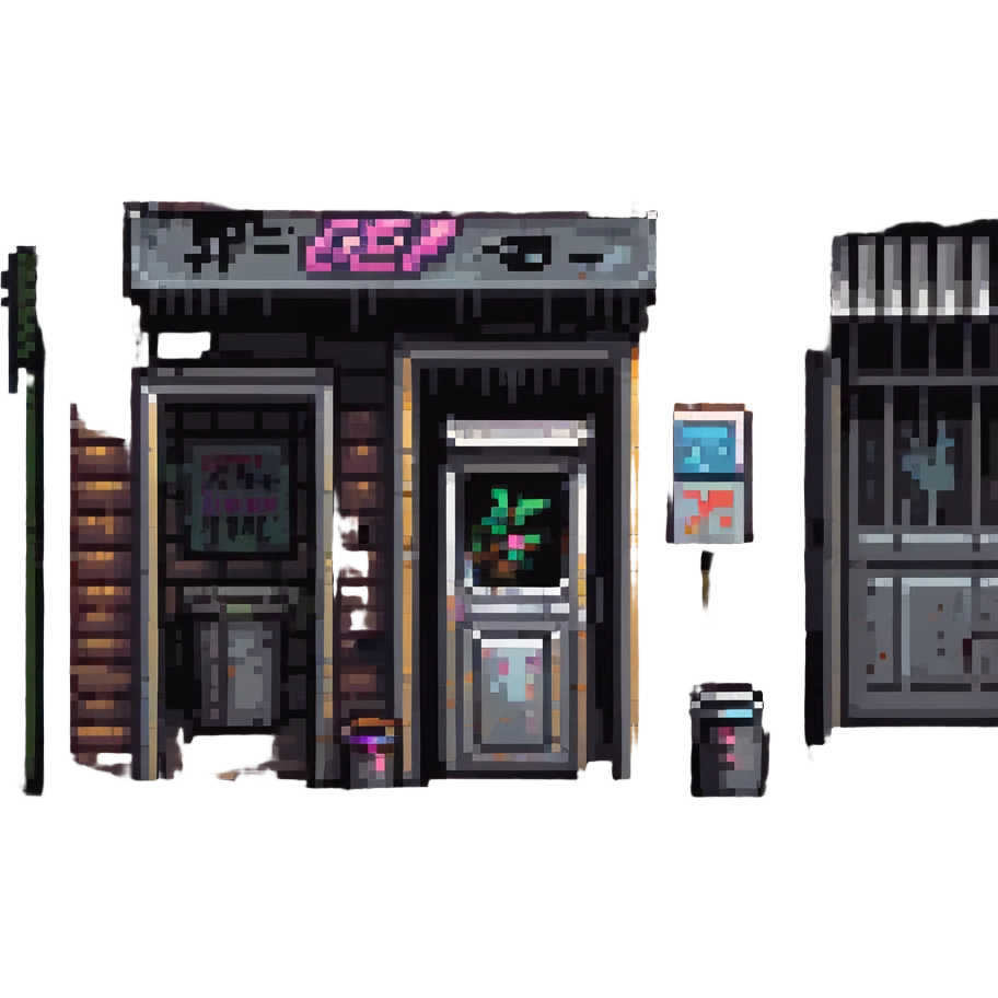 Pixel art background in side-scrolling view, inspired by classic Sega fighting games. Dark urban street in front of an old brick building, with graffiti, broken windows, metal door, trash cans, flickering neon sign, and a streetlamp. Gritty atmosphere, nighttime, subtle rain puddles on the ground. emoji