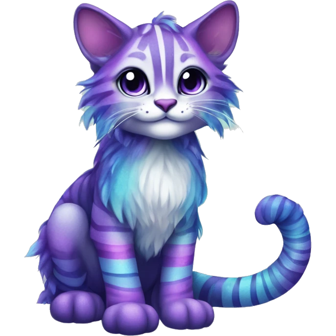 Colorful vernid fantasy creature LiLaiRa Kamirah Falvie whiskers paws full body sparkle purple blue gradient stripes braided tail feline emoji