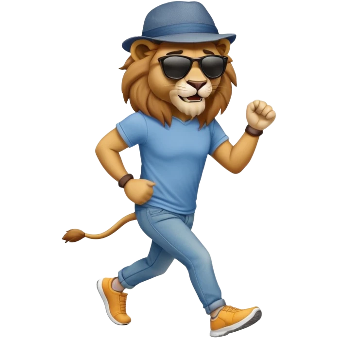 friendly anthropomorphised lion in jeans and a t-shirt, wearing dark sunglasses and a hat, jogging upright in standard pose emoji