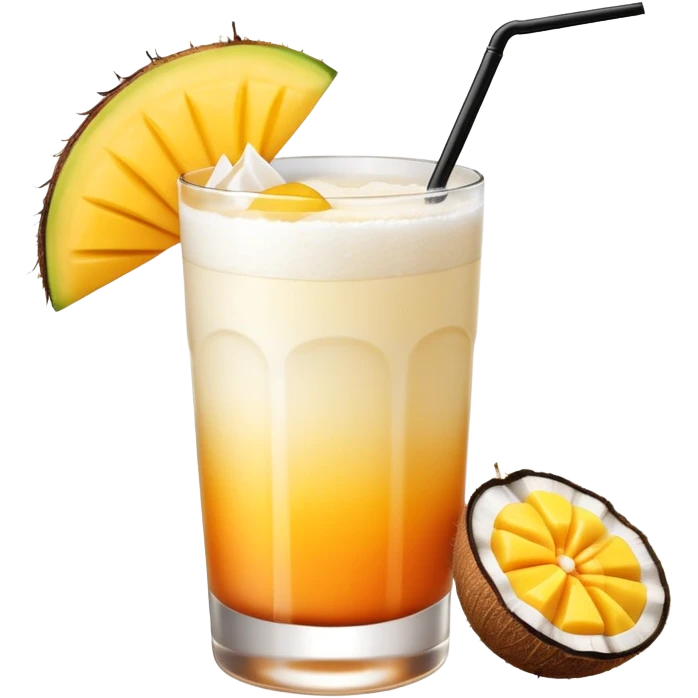 A beautiful cocktail with a creamy white to orange gradient, containing coconut juice and mango, reminiscent of summer. Above, there are tropical flowers, lemon slices, and straws. emoji