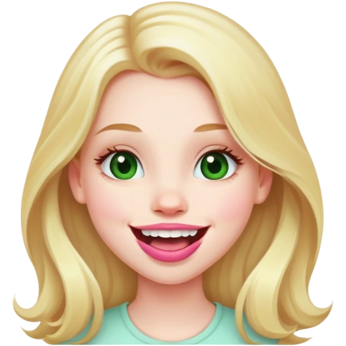 Young girl with pale skin, full pink lips smiling, blonde reddish long hair, big brown eyes with a hint of green, big mouth emoji