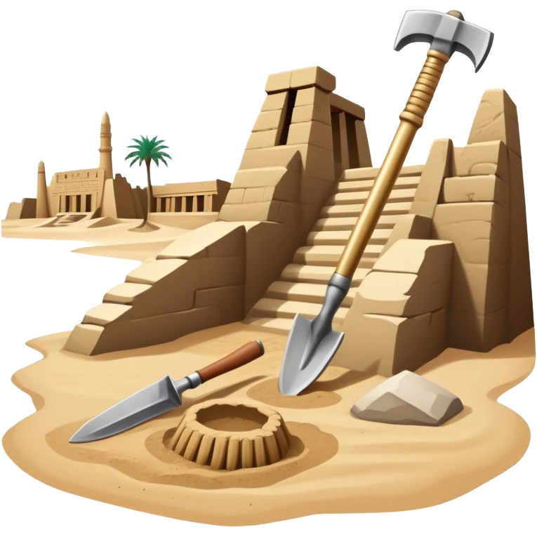 An icon showing archaeological tools—trowel, brush, and pickaxe—laid out on the sand, with the ancient Karnak temple ruins in the background. The design symbolizes exploration and discovery of ancient Egyptian history. Transparent background emoji