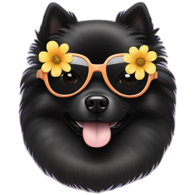 black pomeranian wearing flower shaped sunglasses emoji