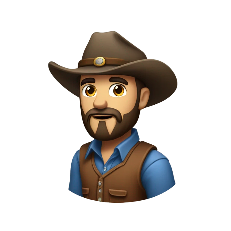 a rugged cowboy with a thick beard, wearing a blue vest over a classic western shirt. He should have a confident stance, showing full torso emoji