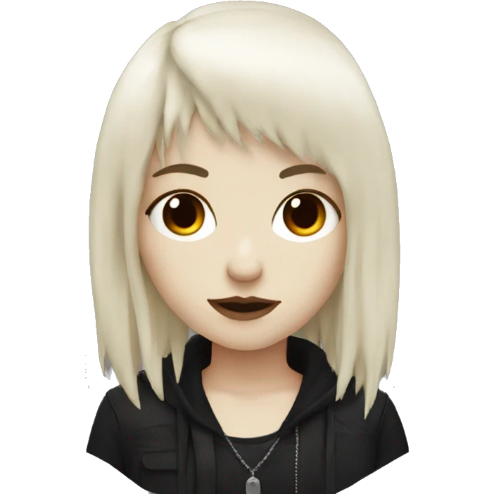 emo girl that has white skin and Long Dark red hair and fringe bangs and is wearing black emoji