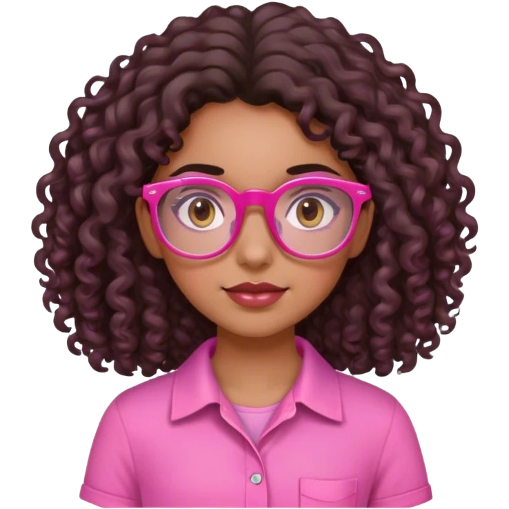Girl with long, dark brown curly hair, with mixed skin, pink glasses, and a pink shirt, dark brown eyes  emoji