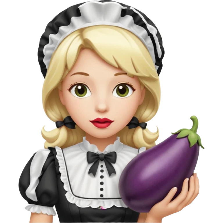 A women with blond hair in a black and white maid dress with her lips around a eggplant emoji