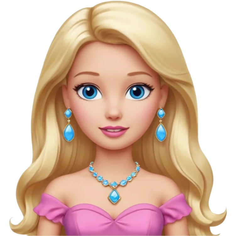 barbie, long blonde hair, pink dress, with blue eyes,different dress,ear rings, jewelry, different face expressions. emoji