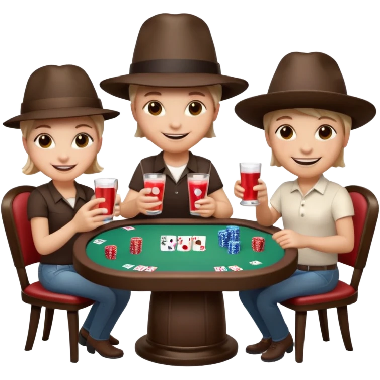A 3D cartoon poker table with cards, chips, and smiling players, soft lighting, Memoji-style. emoji