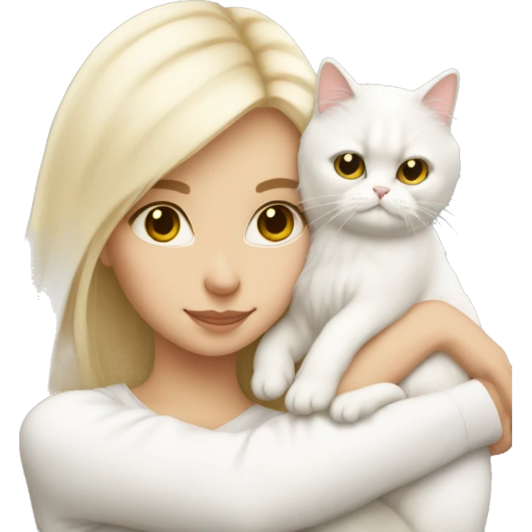 Blonde girl snuggling white Persian cat emoji