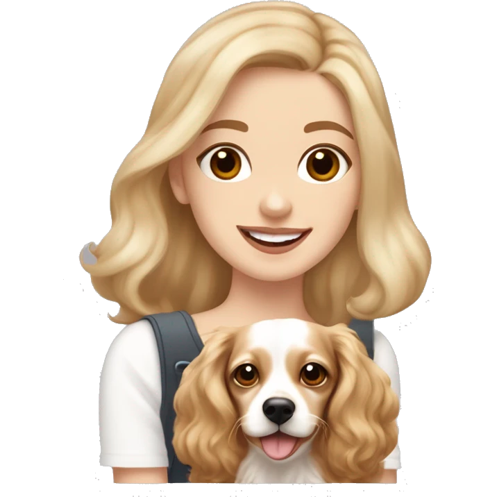 White girl with long wavy blonde hair and brown eyes  holding a white and tan chihuahua dachshund cocker spaniel mix happy with shorter furry ears emoji