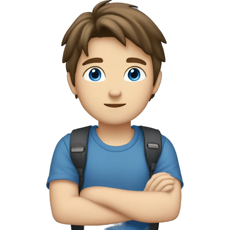 A boy with Brown hair, blue/gray eyes, blue t-shirt with a japaneese flag a jeans pants. Uner the boy i a text that say´s take it easy emoji