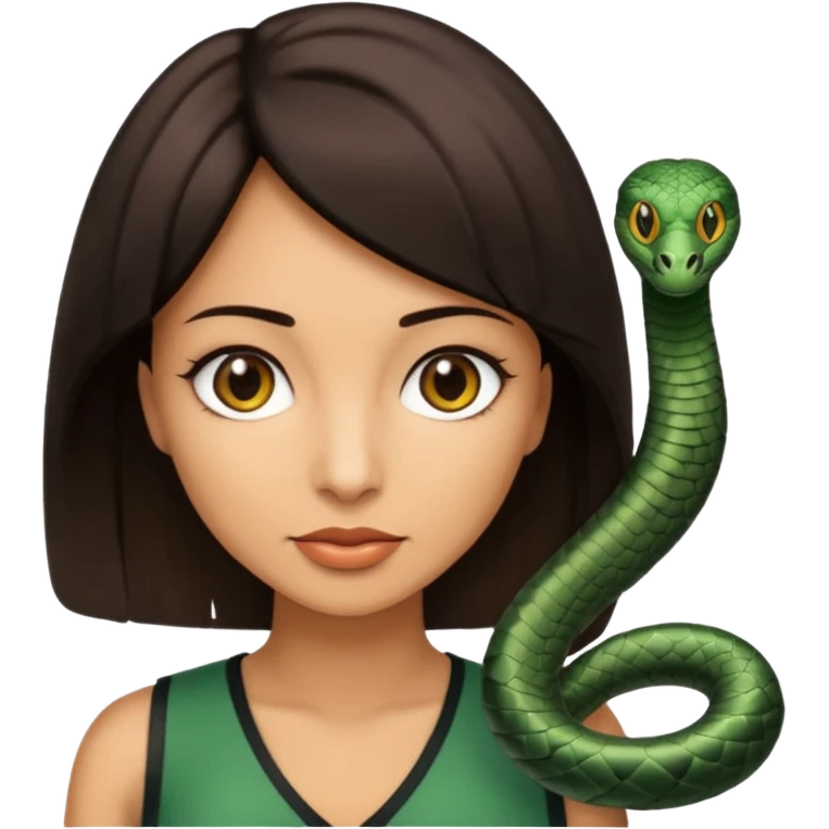 Femme brune yeux marron avec une coupe carré noir , femme couleur de peau typé, avec un cobra a côté , emoji