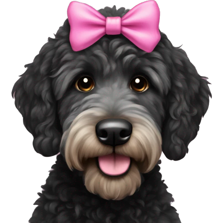 Black golden doodle with a pink bow emoji