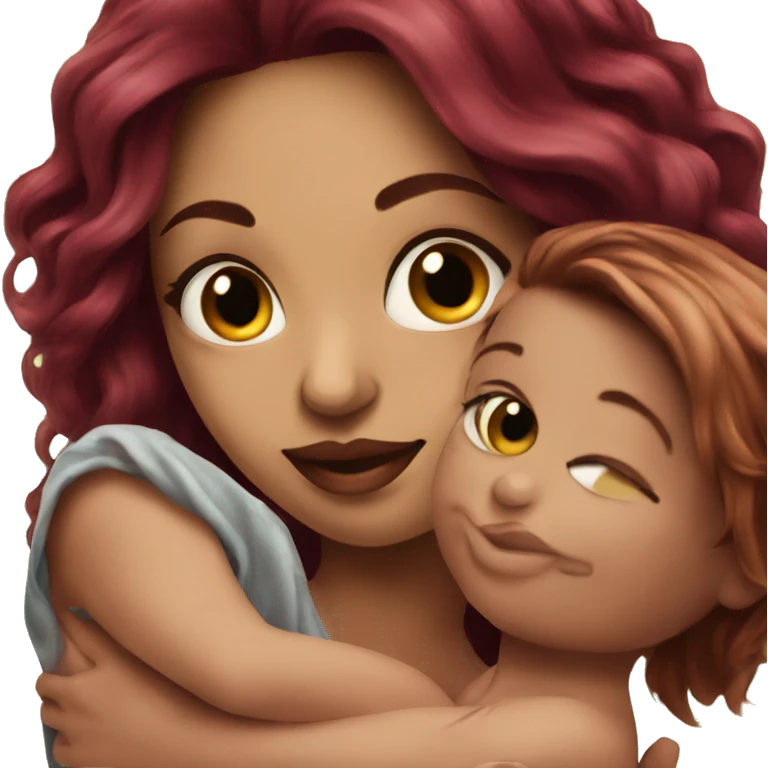 Beautiful tattooed burgundy long haired woman holding a baby emoji