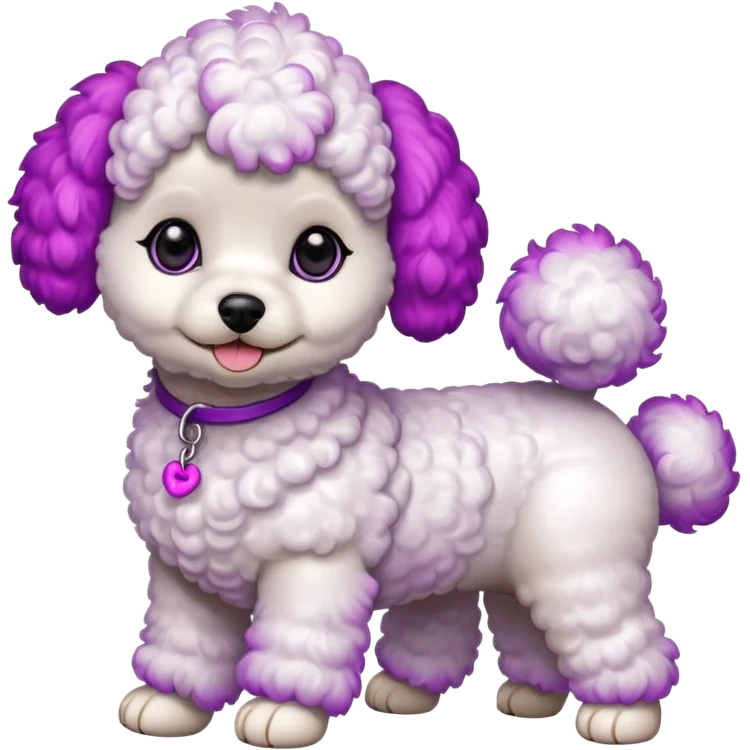 Two white toy poodle–style dogs, fluffy curly fur, round faces, black button eyes, pink and purple dyed ears and paws (magenta/violet tips). One standing upright, one sitting. Cute, plush, emoji style. emoji