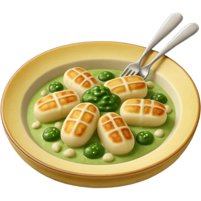 Gnocchi Cinematic Realistic Gnocchi Dish Emoji, depicted as tender oblong potato gnocchi garnished with iconic fork marks on top, rendered with soft textures and warm, inviting lighting. add green  sauce on top emoji