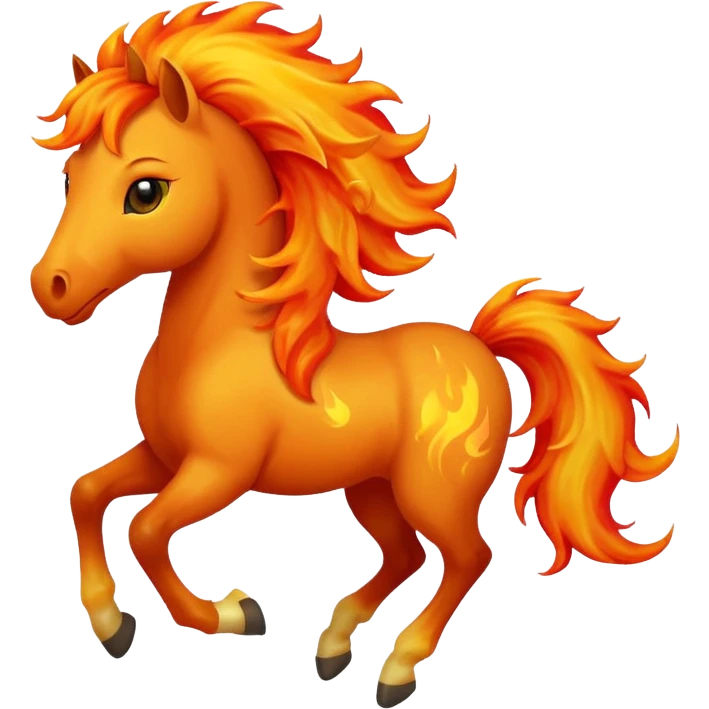 Cute smiley face of a fiery horse with a flowing mane, full-length, galloping emoji