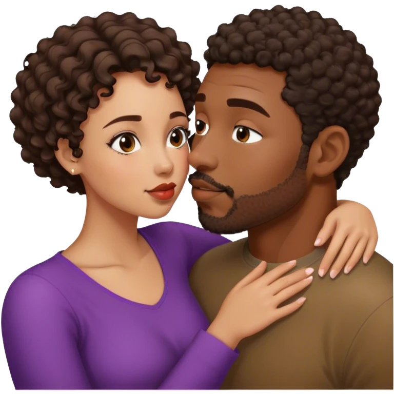 Black man with short curly hair and facial hair kiss small pretty brunette woman emoji
