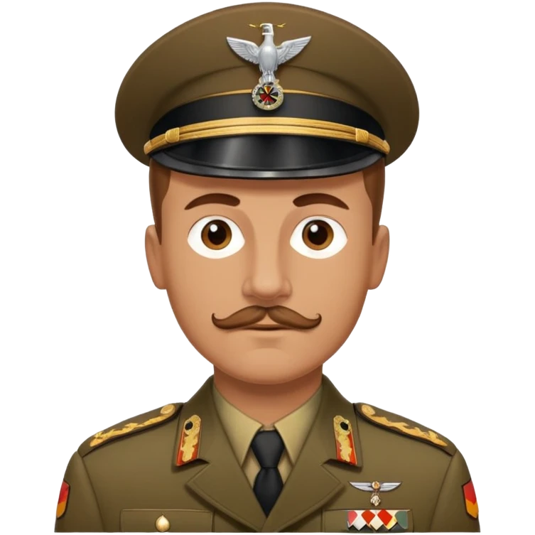 A Caucasian man with brown hair. He has a buzz cut and a brown mustache (not a handlebar mustache) and he’s wearing a German 1940 war uniform emoji