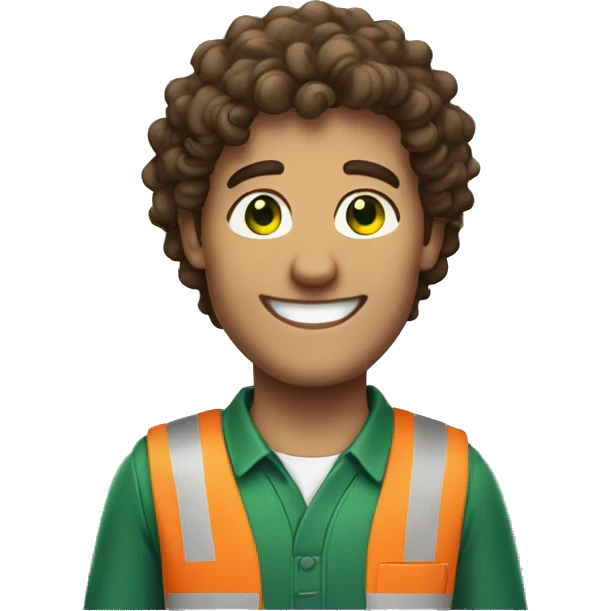 man with brown curly hair, green eyes and a big smile in work costume emoji
