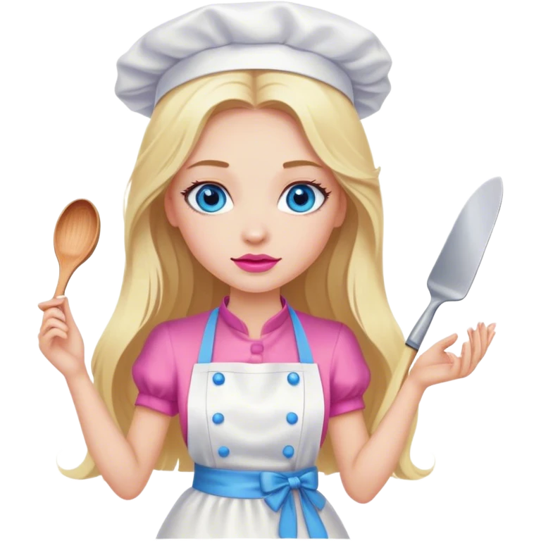 Cinematic realistic beautiful blonde with long hair, blue eyes and pink lips in a white dress cooks emoji