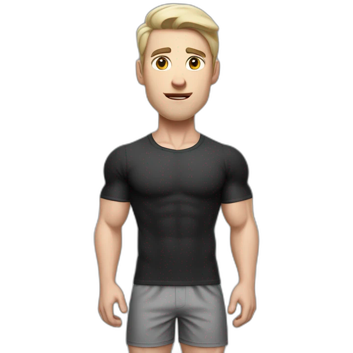 Confused Pale skinned Fit Man With the biceps and dark brown hair in black shirt, gray sports shorts and white Sneakers emoji