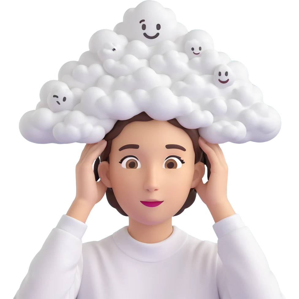 person up to shoulders entirely composed of 3d emoji clouds, clouds form the silhouette, realistic illustration emoji