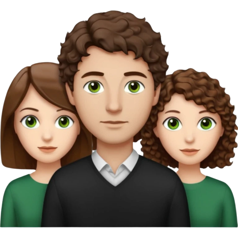 Man in the middle with brown straight hair and green eyes, women next to him with short brown hair with slight waves, tall women on right side with shoulder length curly hair and brown eyes emoji