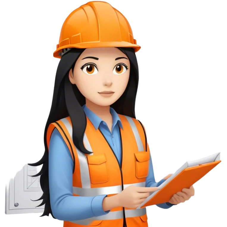 Female civil engineer with long black hair wearing white helmet and an orange safety vest staring at big drawing plan on her hands  emoji