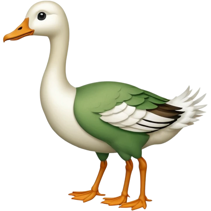"Emoji of a running goose with a very long neck and two legs. The goose looks like a white goose dyed green, not a duck." emoji