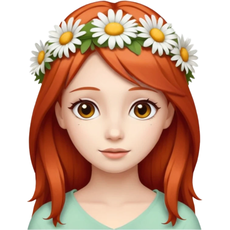 Cute and beautiful woman with straight red hair and a daisy flower crown. emoji