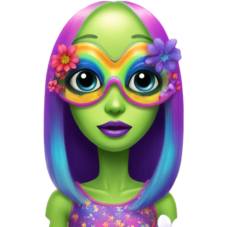 Lisa frank alien with big oval head and big black eyes with flowers emoji