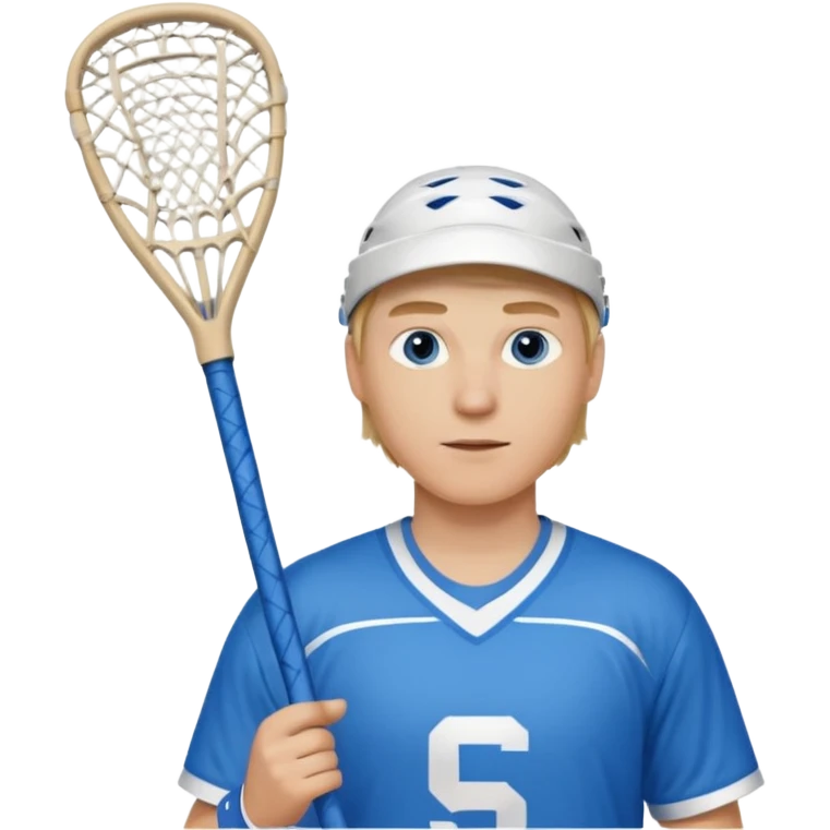 Blonde white with blue eyes lacrosse guy holding one lacrosse stick wearing blue and white gear  emoji