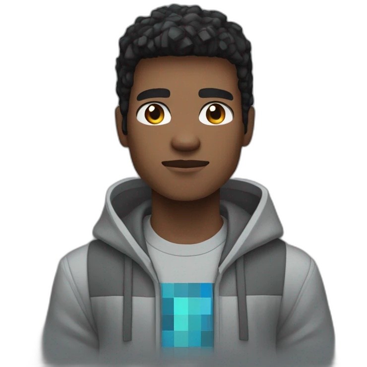 young black hair man with gray-blue eyes dressed in a gray minecraft hoodie emoji