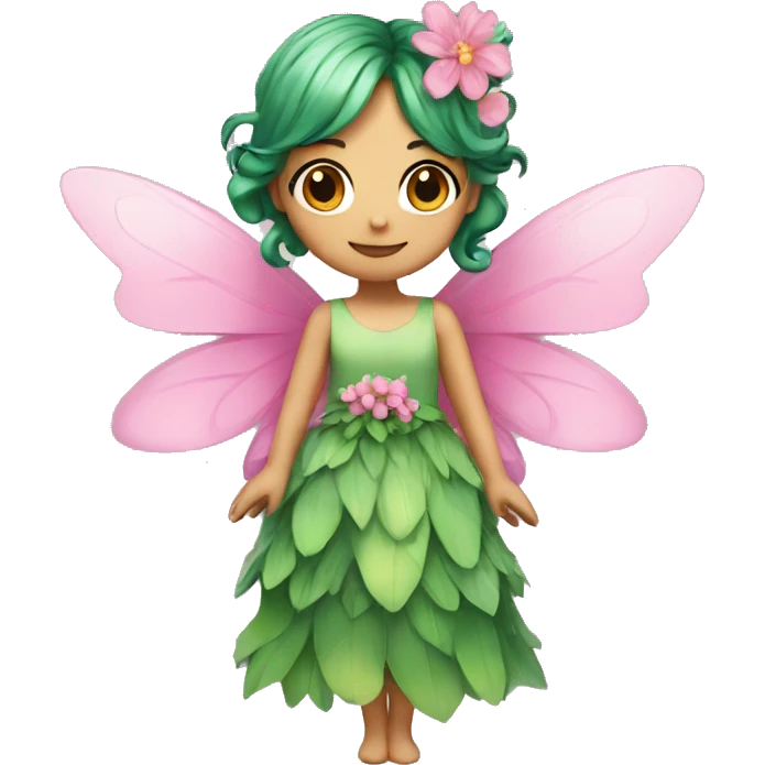 A fairy, green hair, wings, pink dress with flowers  emoji