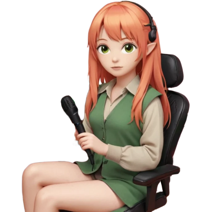 An ASMR streamer with orange hair, bangs, green eyes, and a microphone in front of her. Her room is dimly lit with pink light. She's sitting in a gaming chair with "Serappu" written on it. Behind her is a snake plant. On the shelf next to the plant are Baby Yoda and Gandalf toys. emoji